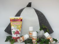 Geschenkidee - für die Sauna Saunahonig Eisfrisch, 1x Saunamütze weiß/grau, 4 Stück Saunaaufgußprobefläschchen von Warda: Blue Eis, Eiskiwi, Eukalyptus,...