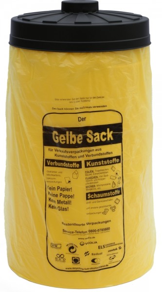 Sacktonne gelb für gelben Sack mit schwarzem Deckel - clevere Einfüllhilfe - Sack reißt nicht mehr
